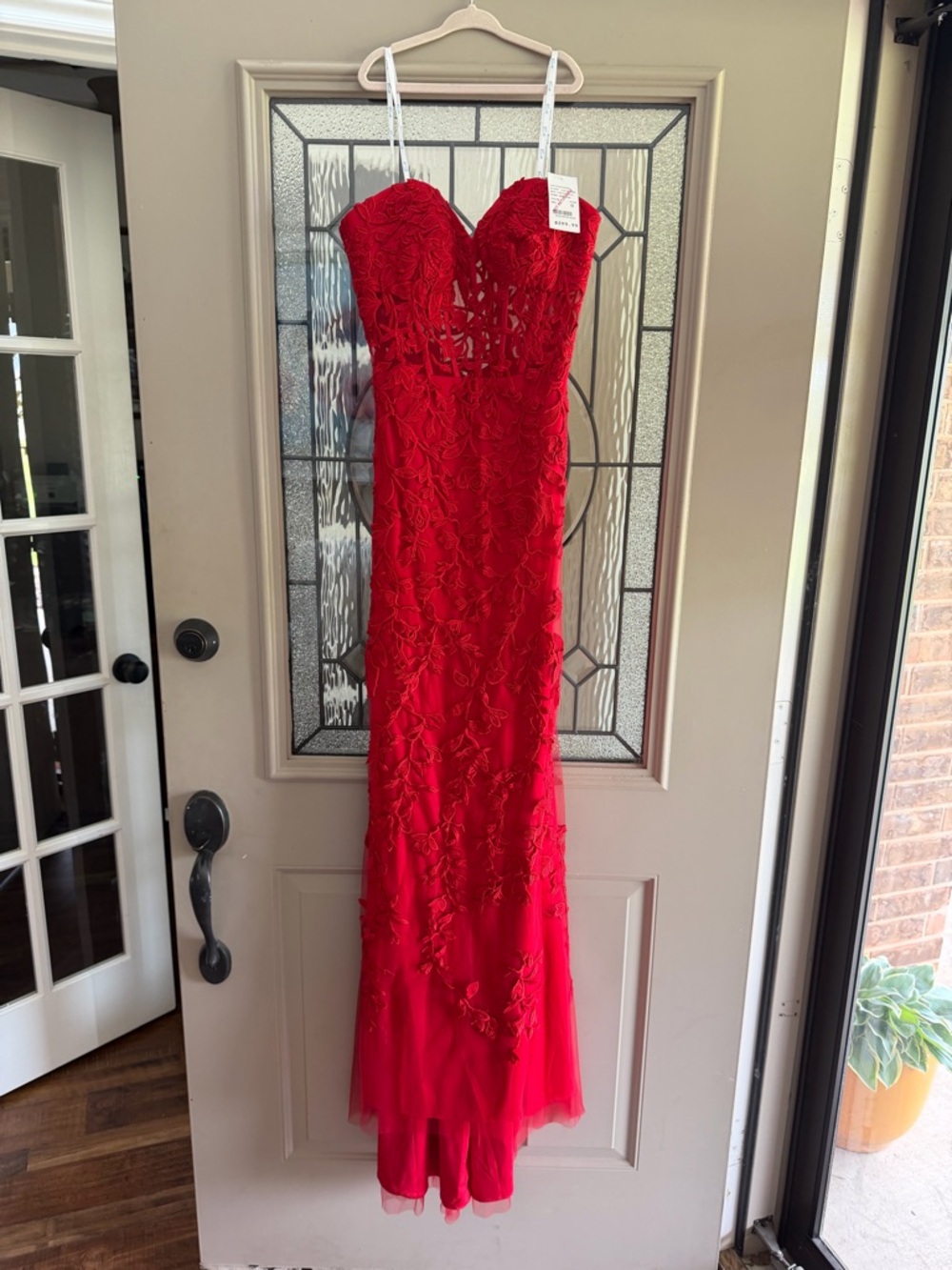 Camille La Vie Vibrant Red Lace Evening Gown